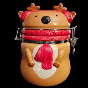 Reindeer Christmas Cookie Jar Canister Airtight Clamp Lid Ceramic 8.5 in Holiday